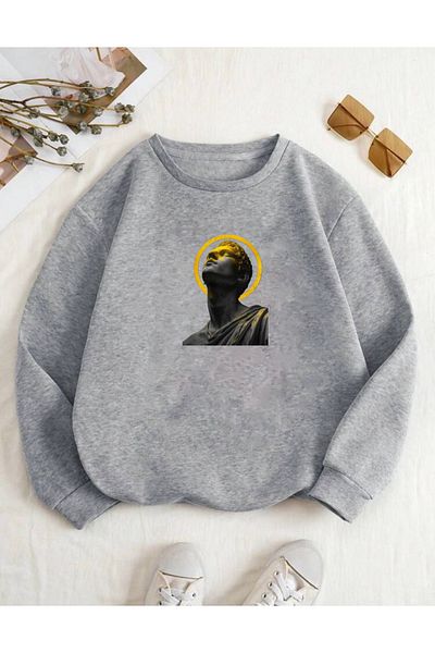 RPT MODA Oversized Yellow Plan Printed Detail Cycling Collar Basic Sweatshirt