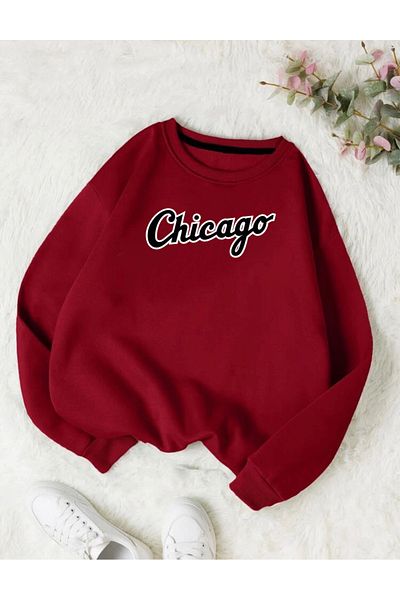 RPT MODA Oversized Chicago Black Printed Detail Basic Sweatshirt with Crew Neck