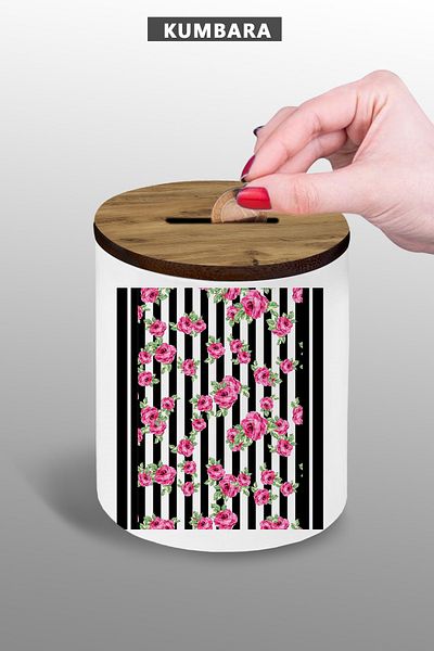 Bytwo Striped Flowers Visual Piggy Bank - Small Size Tabletop Piggy Bank - 9 cm Ceramic Piggy Bank - 25Kmb100