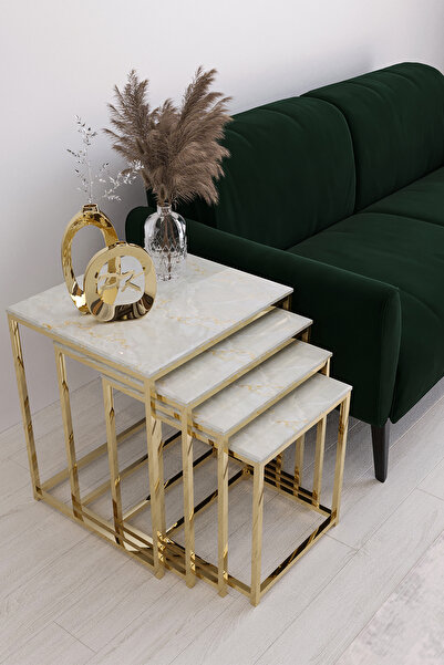 Puklife Duru 4'lü Kare Zigon Sehpa Seti Gold Ayak, Gold Mermer Desen Mdf
