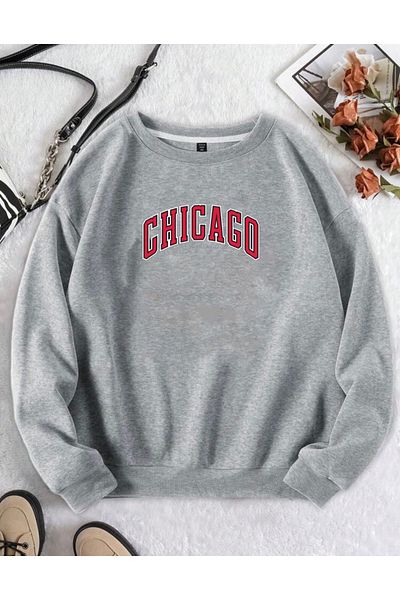 RPT MODA Oversized Chicago White Printed Detail Basic Sweatshirt with Crew Neck