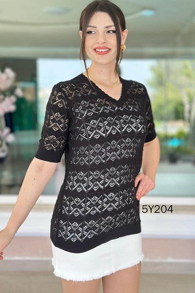 İnce Topuk Openwork V-Neck Mercerized Blouse 5Y204