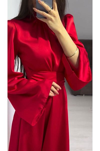 noyacollection Spanish Sleeve Waist Wrapped Satin Hijab Evening Dress