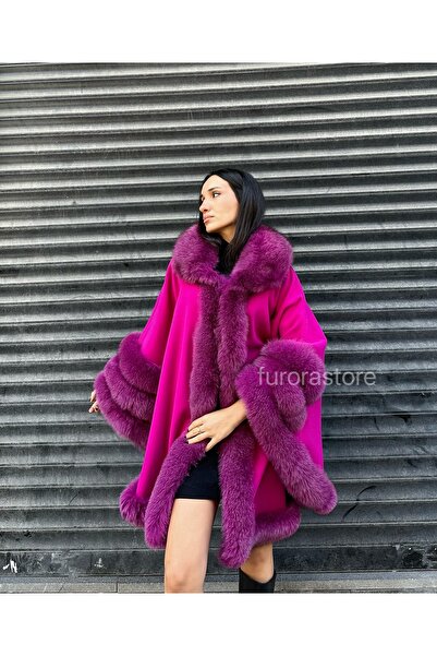 Furora Store Kadın kaşmir panço- Kürklü Oversize Panço- Kadın şal- Yünlü Şal