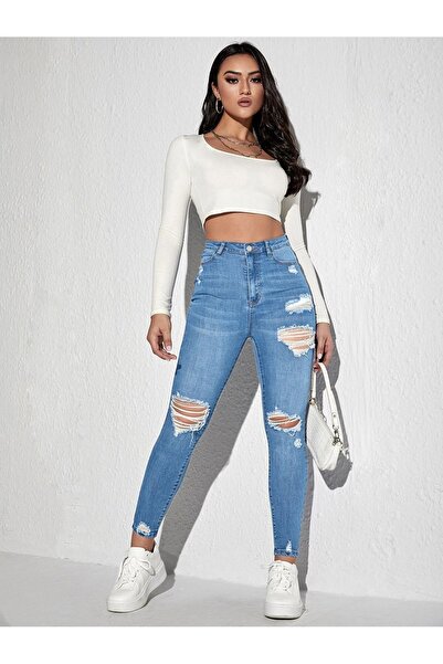 katalya Úzký vysoký pas Roztrhané džíny z lycry s otevřeným praním
