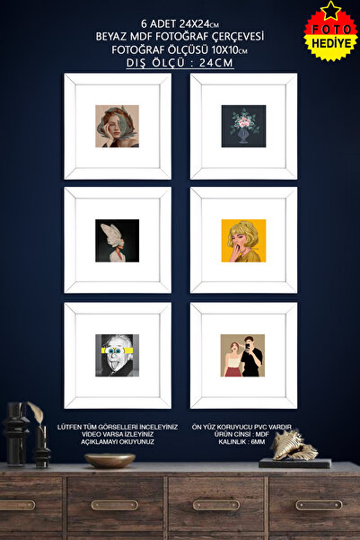 bymat 6 Adet 24x24 cm Beyaz Fotoğraf Çerçevesi - 10x10 Foto Hediye - Mdf Çerç...