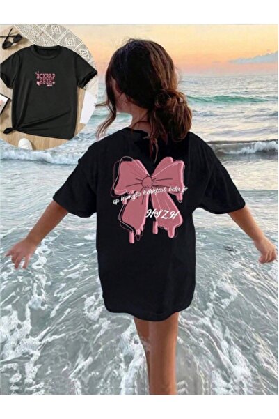 MOONBULL Tricou oversize pentru femei, roz, cu panglică mare și imprimeu pe s...