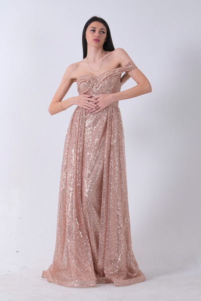 Feminist Düşük Omuz Pul Payetli Abiye Gold 9705499