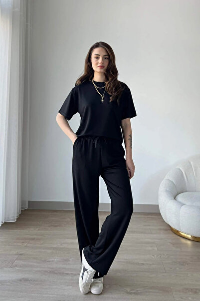 TrendyFashion Set de trening pentru femei, din țesătură modală neagră, cu mâneci scurte