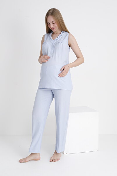 Miss Dünya Lissa Hamile ve Lohusa Fırfır Detaylı V Yaka Emzirmeye Uygun Dokuma Pijama Takımı
