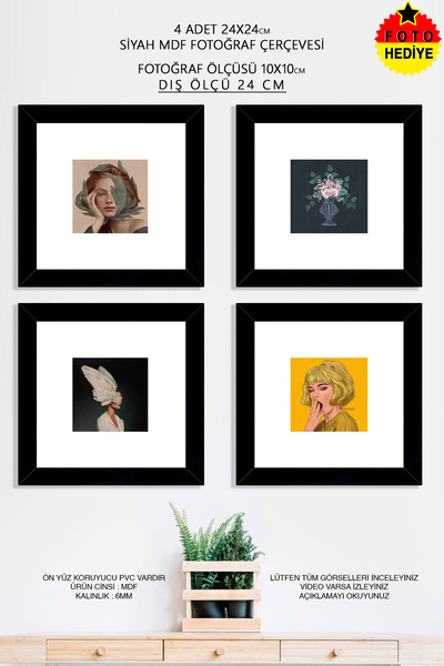 bymat 4 Adet 24x24 cm Siyah Fotoğraf Çerçevesi - 10x10 Foto Hediye - Mdf Çerç...