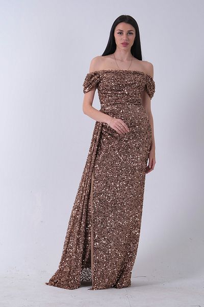 Feminist Drape and Slit Detailed Sequin Evening Dress Copper 9705544