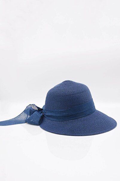 Külah قبعة من القش باللون الأزرق الداكن - للنساء، مزينة بفيونكة