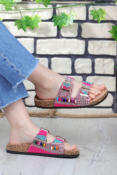 Vojo Toledo Anatomical Sole Stoned Bead Detailed Women's Slippers Daily Sea Beach Slippers