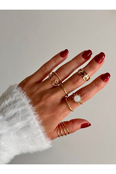 Miliva Gold Yüzük Set | 10 Adet Yüzük | 10'lu Yüzük Kombin | Numarasız Yüzük