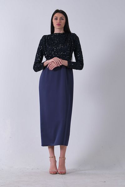 Feminist Top Sequin Embroidered Six Crepe Hijab Evening Dress Navy Blue 6502503
