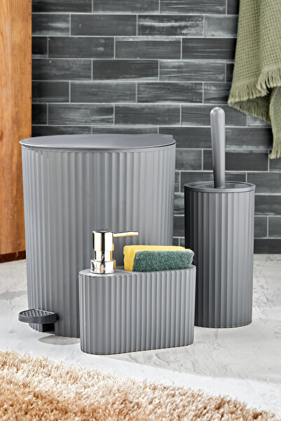 Homie ESTE - 3 Parça Pedallı Banyo Seti - Pedallı Çizgili Yuvarlak Çöp Kovası...