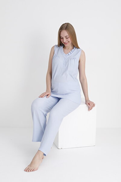 Miss Dünya Lissa Hamile ve Lohusa Fırfır Detaylı V Yaka Emzirmeye Uygun Dokuma Pijama Takımı