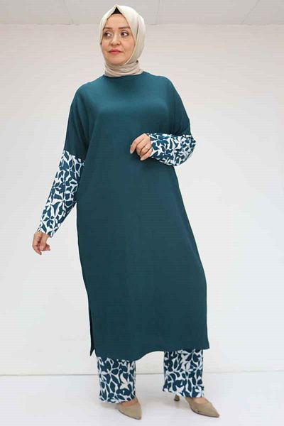 Eslina 57015 Σετ με παντελόνι συνδυασμού χρωμάτων Plus Size - Ecru-Petrol