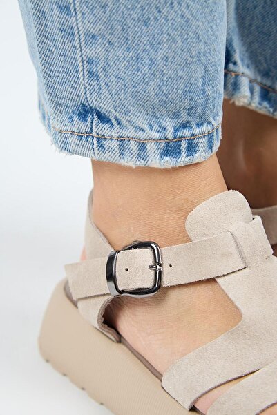 Manijero Rosa Women's Genuine Leather Beige Sandals with Buckle