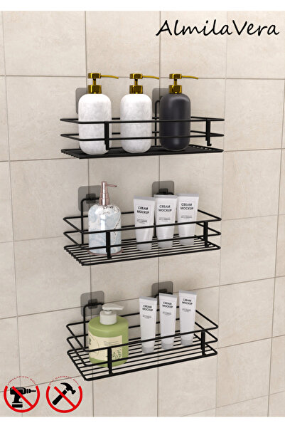 KapKacakAl Güçlü Yapışkanlı 3 Adet 3 Katlı Banyo Mutfak Düzenleyici Rafı Mat Siyah