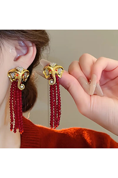 byozanyılmaz FİL FİGÜRLÜ UZUN KIRMIZI SALLANTILI KÜPE