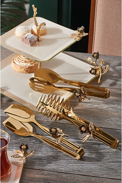 Onedekor Siyah Çiçek Sultan-ı Yegah 3lü Kek Börek Salata Maşa Seti