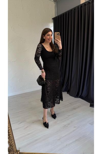 elif teke Romantes Dantelli Elbise Siyah