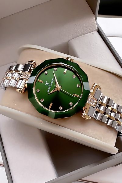 Daniel Klein Rhinestone Cutting Glass Waterproof Women Wristwatch Gold Silver Green Steel Band Gift Bracelet Dkby2038C3