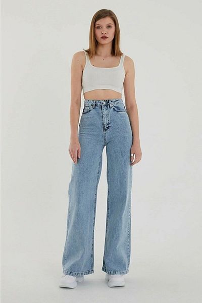 dressmix Blugi de damă, albastru deschis, pantaloni largi din lycra cu talie înaltă, blugi Palazzo