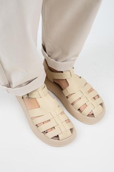 Manijero Rosa Women's Genuine Leather Caged Buckle Beige - Leather Sandals