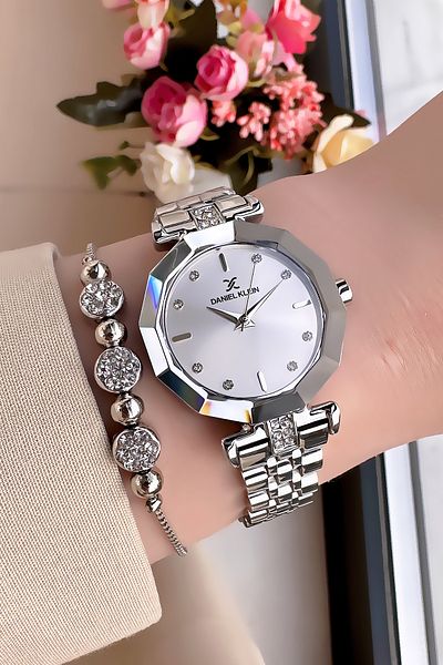 Daniel Klein Rhinestone Cutting Glass Waterproof Women Wristwatch Silver Color Steel Band Gift Bangle Dkby2038C4