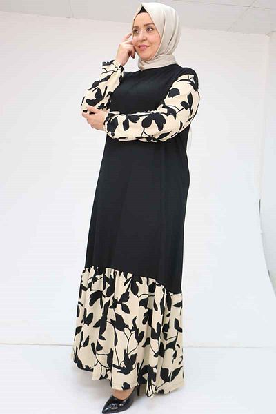 Eslina 52010 Plus Size Patterned Wrap Ruffle Dress - Beige-Black