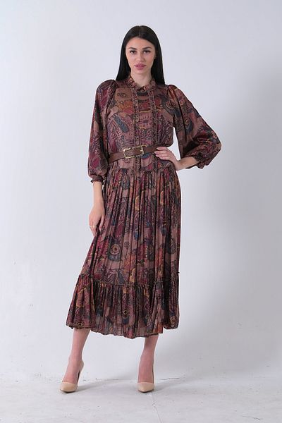 Feminist Colorful Patterned Pleated Detailed Belted Dress Brown 4701243