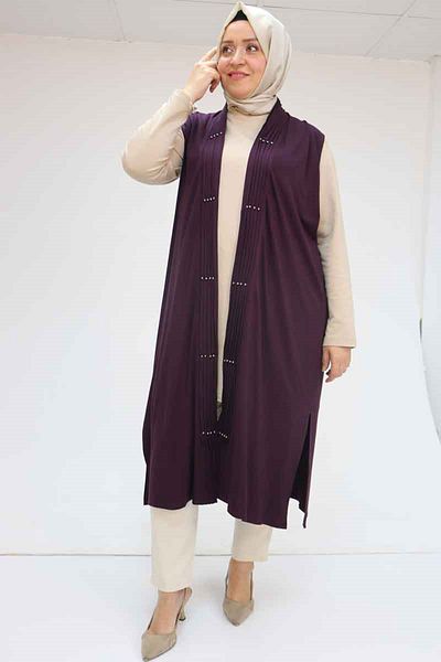 Eslina 54005 Large Size Placket Pleated Vest - Purple