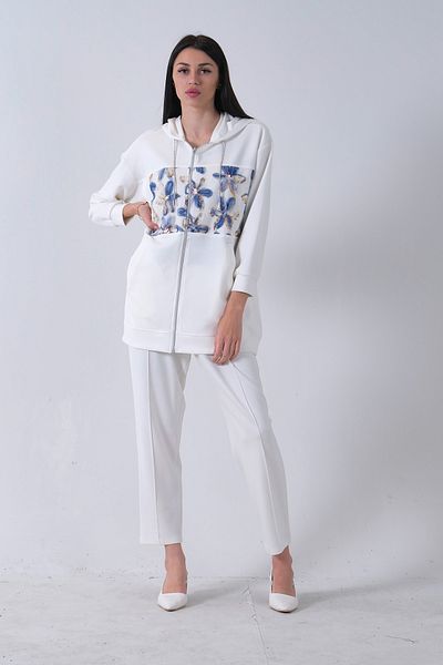 Feminist Side Pocket Floral Detailed Hooded Trousers Suit White 4703034