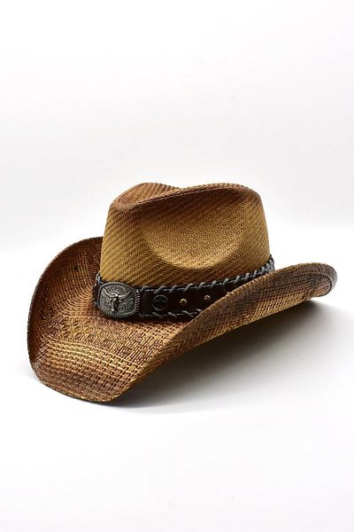 Külah Bull Figured Straw Hat with Leather Stripe Premium Classic Western Festival Beach Rave Hat