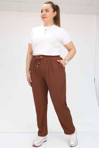 Eslina 39011 Large Size Wrinkled Skinny Leg Trousers - Brown