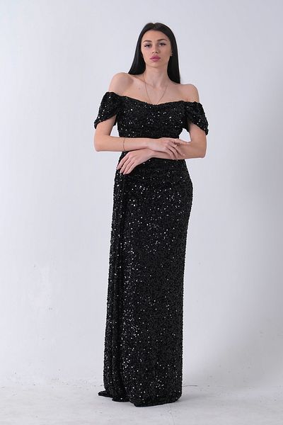 Feminist Black 9705544   Drape and Slit with Detail Detailed Sequin Sequin Evening Dress