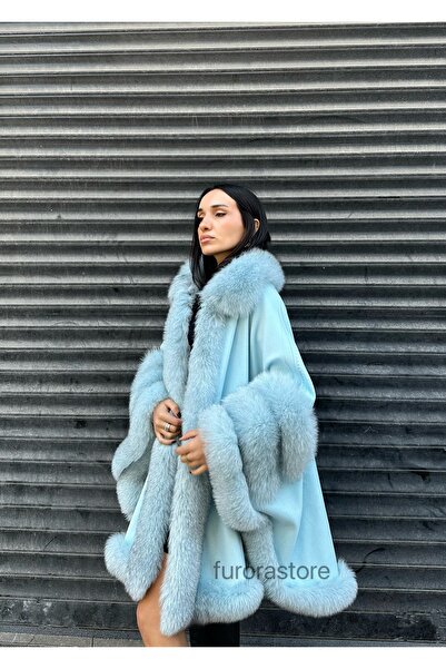 Furora Store Kadın kaşmir panço- Kürklü Oversize Panço- Kadın şal- Yünlü Şal