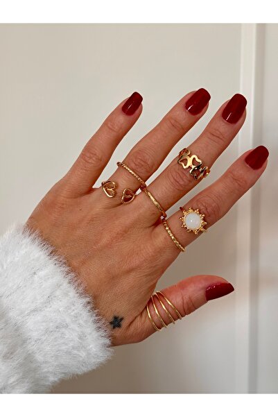 Miliva Gold Yüzük Set | 10 Adet Yüzük | 10'lu Yüzük Kombin | Numarasız Yüzük