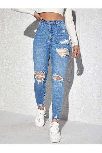 katalya Skinny ψηλόμεσο Ανοιχτό τζιν με σκισίματα λύκρα