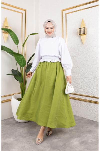 SUUSH BELİ LASTİKLİ YAN CEPLİ SİMLİ DÖKÜMLÜ KLOŞ ETEK