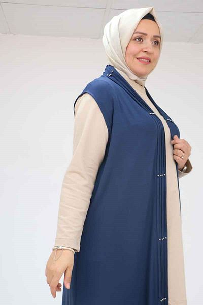 Eslina 54005 Large Size Placket Pleated Wear-Out Vest - Navy Blue