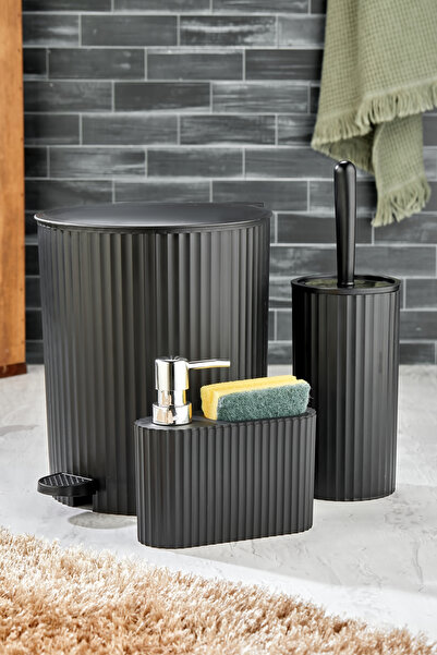 Homie 3 Parça Pedallı Banyo Seti - Pedallı Çizgili Yuvarlak Çöp Kovası WC Fırçası Süngerlikli Set