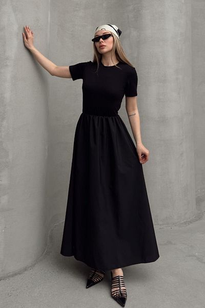TrendParis Fusta maxi pentru femei, parte din popelin țesut, partea superioară evazată, flexibilă, din viscoză, cu mânecă scurtă, rochie neagră elegantă