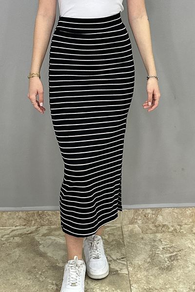 Tam Moda Fusta lungă, neagră, cu dungi albe, cu o singură fantă laterală