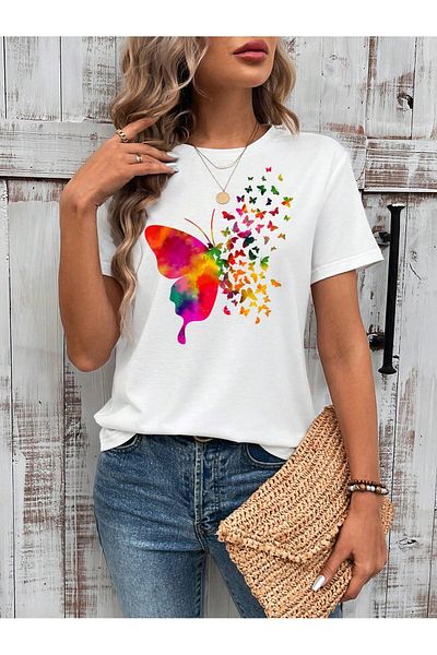 PENTHİLUS Colorful Butterfly Printed Women's Summer T-Shirt