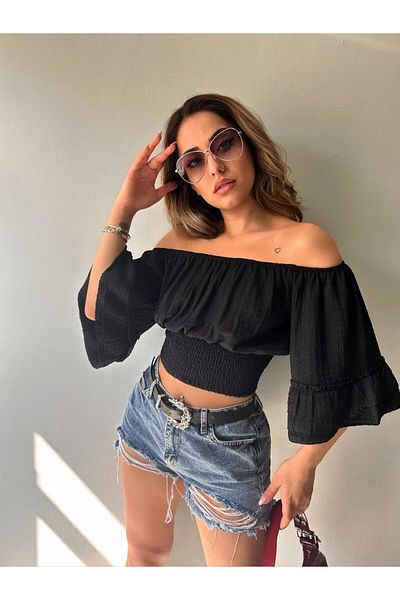 Fav Style Γυναικεία μπλούζα με γιακά Madonna με γιακά μέση - Μαύρη