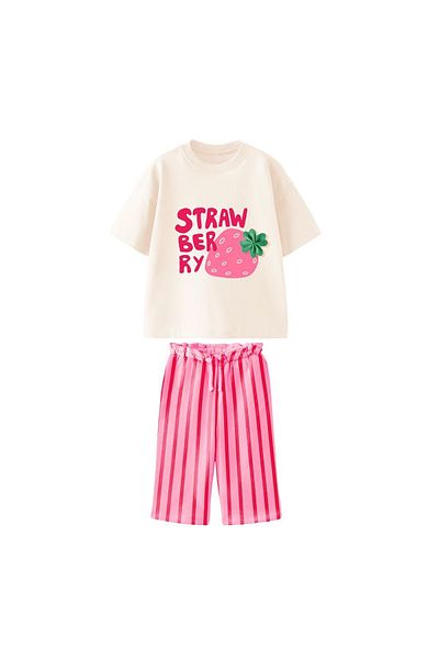Lolliboomkids Set de pantaloni de jogging cu dungi din țesătură de muselină pentru fete, tricou cu detaliu 3d cu căpșuni
